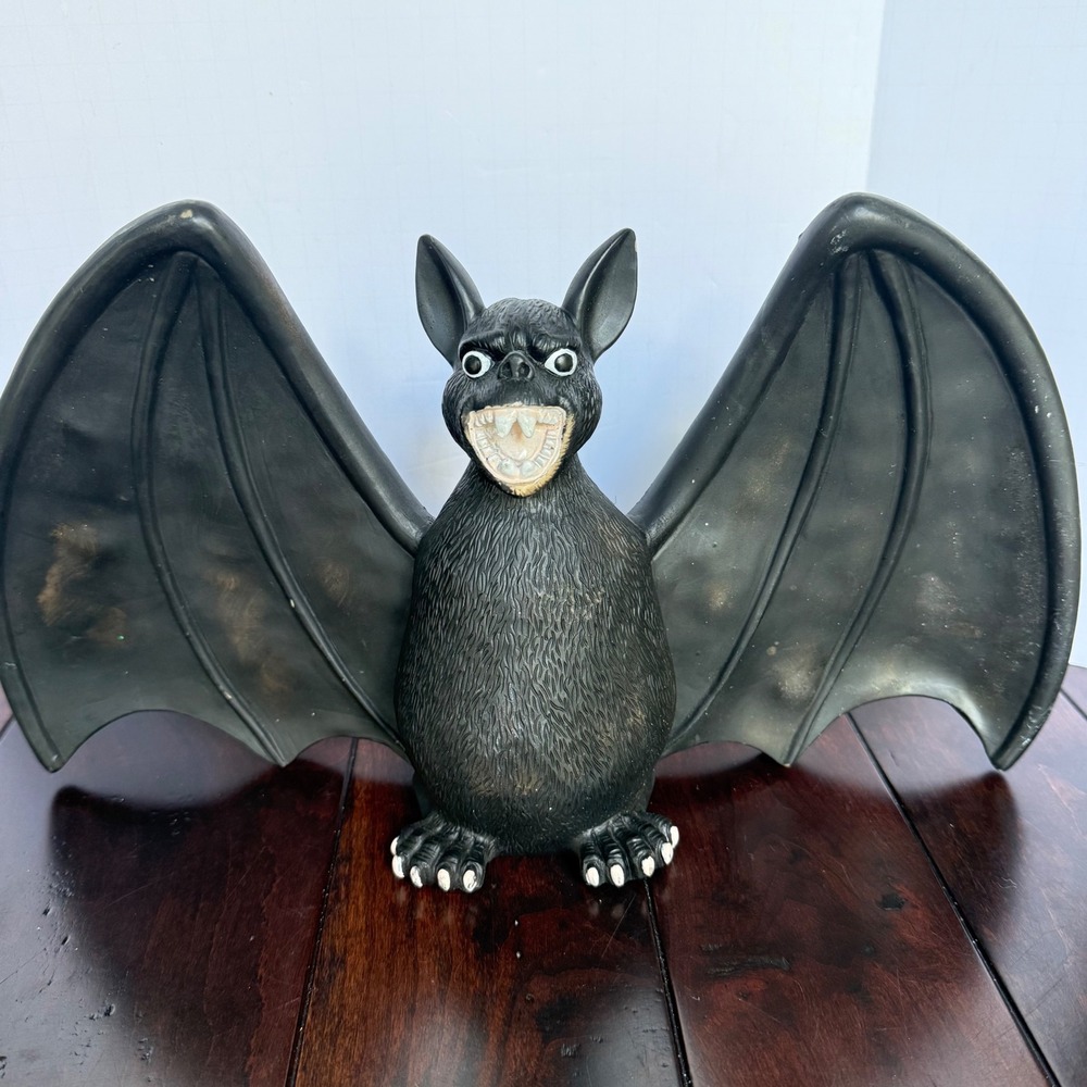 Vintage Style Black Bat Figurine Halloween Decor Gothic Rubber Statue 15 Incher
